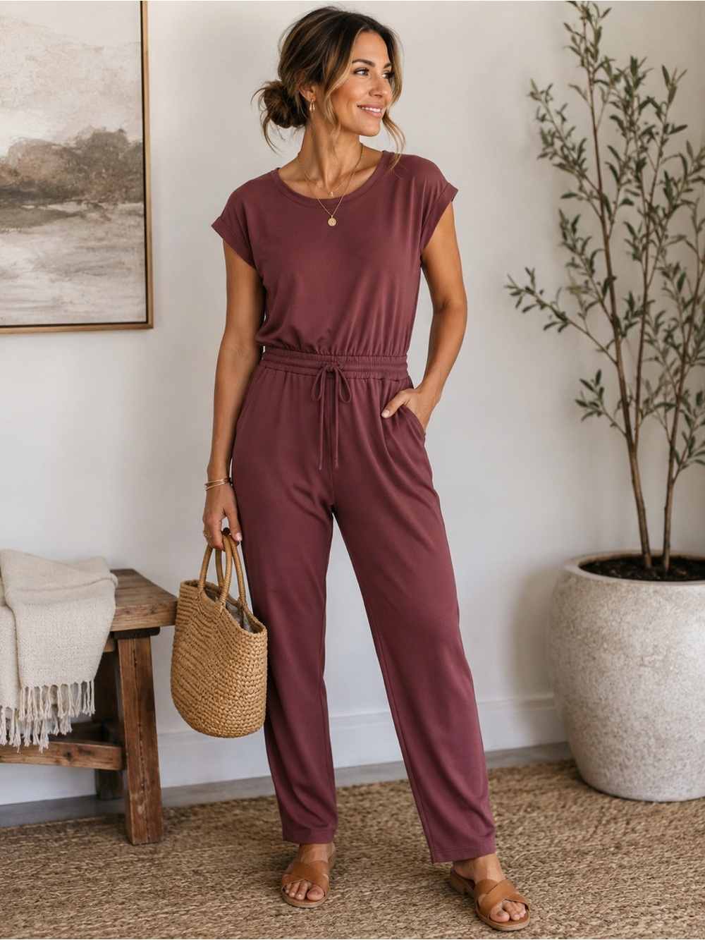 Maurices Short Sleeve Traveler Jumpsuit - Mauve Rose